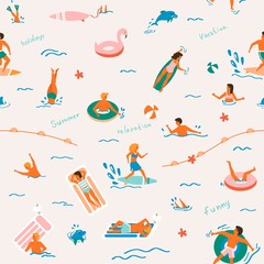 Summer time beach pattern in vector. People swimming, have a fun, sunbathing and relaxing in the ocean.