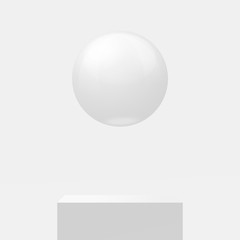 Vector 3D realistic white marble ball, flying over the white podium, on white background.