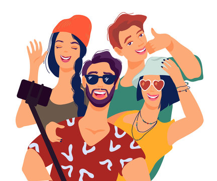 Best friends taking selfie with smartphone flat vector illustration isolated.