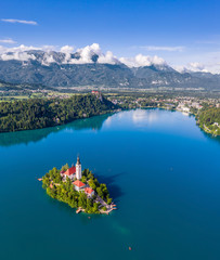 Bled, Slovenia - Aerial panoramic drone view of Lake Bled (Blejsko Jezero) from high above on a...