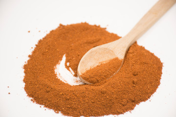 Paprika, ground red peppers on white background.