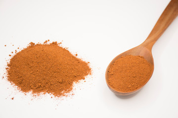 Paprika, ground red peppers on white background.