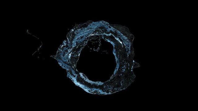 light blue water flow counterclockwise transforms into drop, on black + alpha
