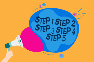 Handwriting text writing Step Concept meaning Steps levels of a process work flow Marker over notebook crumpled papers ripped pages several tries mistakes