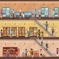 People in big supermarket.Vegetables and fruit. Dairy products. Drinks. Vector illustration