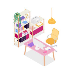 Isometric bedroom in purple and yellow. Vector illustration in flat design.