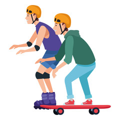 Young people on skateboard and skates