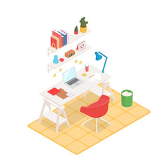 Obraz premium Colorful warm isometric work space on white. Vector illustration in flat design, isolated.