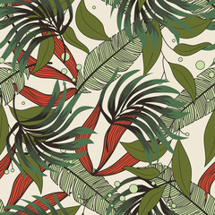 Abstract seamless pattern with colorful tropical leaves and plants on a delicate background. Vector design. Jungle print. Floral background. Printing and textiles. Exotic tropics. Summer.