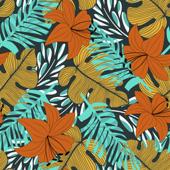 Abstract seamless pattern with colorful tropical leaves and plants on green background. Vector design. Jungle print. Floral background. Printing and textiles. Exotic tropics. Summer.