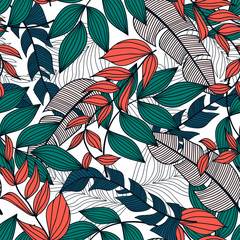Abstract seamless pattern with colorful tropical leaves and plants on a light background. Vector design. Jungle print. Floral background. Printing and textiles. Exotic tropics. Summer.