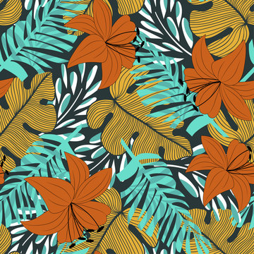 Abstract seamless pattern with colorful tropical leaves and plants on green background. Vector design. Jungle print. Floral background. Printing and textiles. Exotic tropics. Summer. © EltaMax99