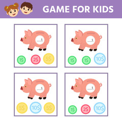 Matching education game for kids. Count the coins in piggy bank. Activity sheet. An evolving economic game for preschoolers. Vector illustration