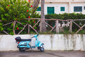 turquoise old motorcycle parked in-front of a house with trees and flowers  