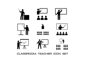 Set of Classroom Activity Icon. Consist of Nine Icon Image i.e. Teaching, Lecture, Speech, Learning, Presentation,  and more. Simple and Trendy Flat Isolated on White Background.- Vector