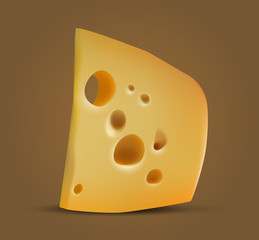 A piece of cheese with holes of various shapes and depths. 3D vector. High detailed realistic illustration.