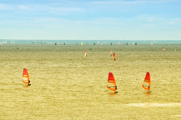 A windsurfer is sailing in the bay.