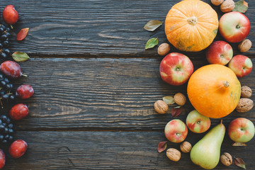Autumn fruits and vegetables on wooden background. Frame of fall harvest on old wood with copy space