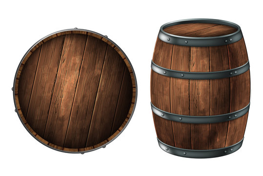 A wooden barrel for storing alcoholic beverages and a barrel lid.  3D vector. High detailed realistic illustration.