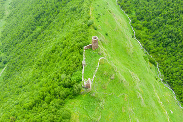 View of the Ushguli village and Upper Chazhash Castle in Ushguli or Summer Residence of Queen...