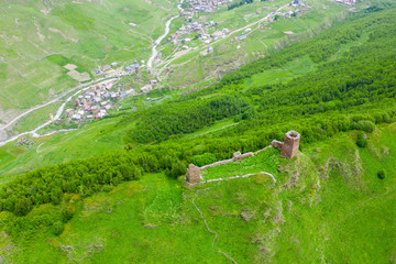 View of the Ushguli village and Upper Chazhash Castle in Ushguli or Summer Residence of Queen...