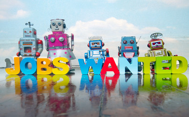 retro robot with the words JOBS WANTED