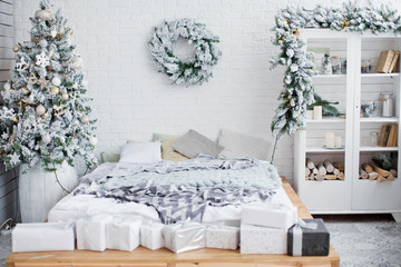 white bedroom with Christmas decorations