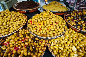 Green and black olives in the oriental market