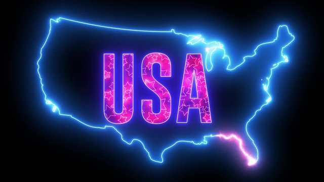 United States of America map with neon glowing light. Creative animation of America, shiny outline USA map. 