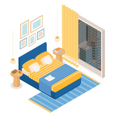 Isometric hotel bedroom with a view, on white. Vector illustration in flat design.