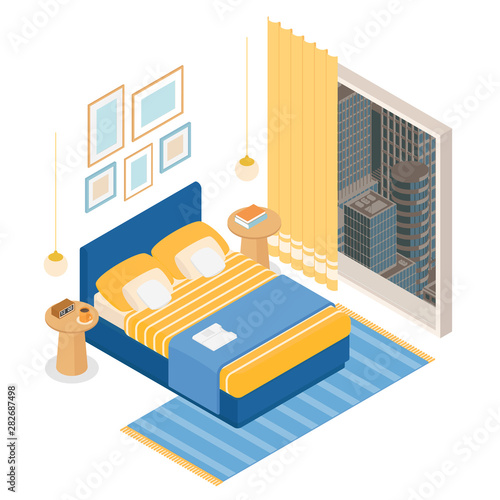 Isometric Hotel Bedroom With A View On White Vector