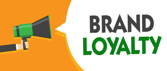 Handwriting text Brand Loyalty. Concept meaning Repeat Purchase Ambassador Patronage Favorite Trusted Man holding megaphone loudspeaker speech bubble message speaking loud