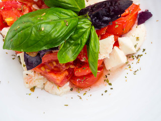 Mozzarella and tomato with basil leaves, on a white background