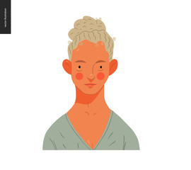 Real people portrait - hand drawn flat style vector design concept illustration of a young blond curly-headed woman, face and shoulders avatar. Flat style vector icon