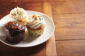 Rainbow Sprinkle Cupcakes on White Plate and Wood Background