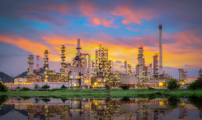 Fototapeta na wymiar .Landscape of Oil and Gas Refinery Manufacturing Plant., Petrochemical or Chemical Distillation Process Buildings., Factory of Power and Energy Industrial at Twilight Sunset., Engineering Petroleum.