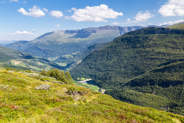 Fototapeta na wymiar Panoromic view of the National Norwegian Scenic route Gaularfjellet between Myrkdalen and Vik in Norway Scandinavia (n13)