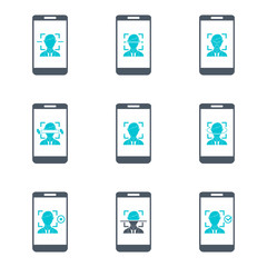 Face, facial recognition system icon set. Biometric identification. Smartphone and computer scans a person face symbol.	