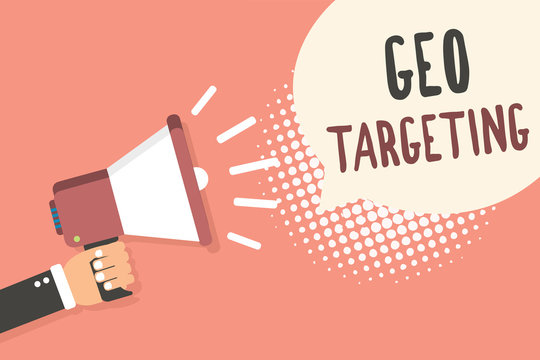 Conceptual hand writing showing Geo Targeting. Business photo showcasing Digital Ads Views IP Address Adwords Campaigns Location Man holding megaphone speech bubble pink background halftone