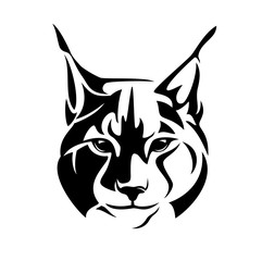 wild lynx looking straight forward - bobcat en face head black and white vector design - obrazy, fototapety, plakaty