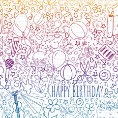 Seamless vector set of cute creative illustration templates with birthday theme design. Hand Drawn for holiday, party invitations. Drawing by pen on exercise notebook.