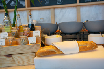 French bread in buffet line. Food background.