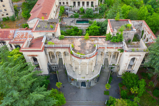 The ruins of the old Soviet sanatorium Medea, whose architecture which is basically a synthesis of Stalinist period classical style and of Georgian ethnic decor with Gothic and Roman features.