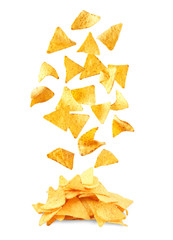 Tasty Mexican nachos chips on white background