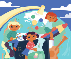 Naklejka premium Back to school banner with school pupil and education items vector illustration.