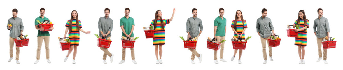 Set of people with shopping baskets on white background