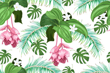 Tropical flowers and leaves. Palms, medinilla, tiara flower. Seamless vector pattern.