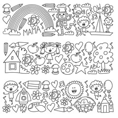 Time to adventure. Imagination creativity small children play nursery kindergarten preschool school kids drawing doodle icons pattern, play, study, learn with happy boys and girls Let's explore space