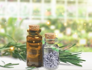 Rosemary  and lavender essential oil isolated on white