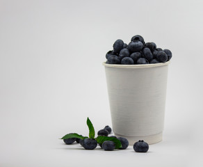 Blueberries on a white background. Blueberries in a white paper cup with green leaves with copy space for text. Ecological product. Blueberries on a white background. Copyspace